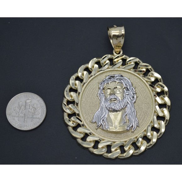 Real 10K Yellow Gold Jesus Head Curb Chain Frame Medallion Pendant 49.4mm 13.1gr - Picture 4 of 7